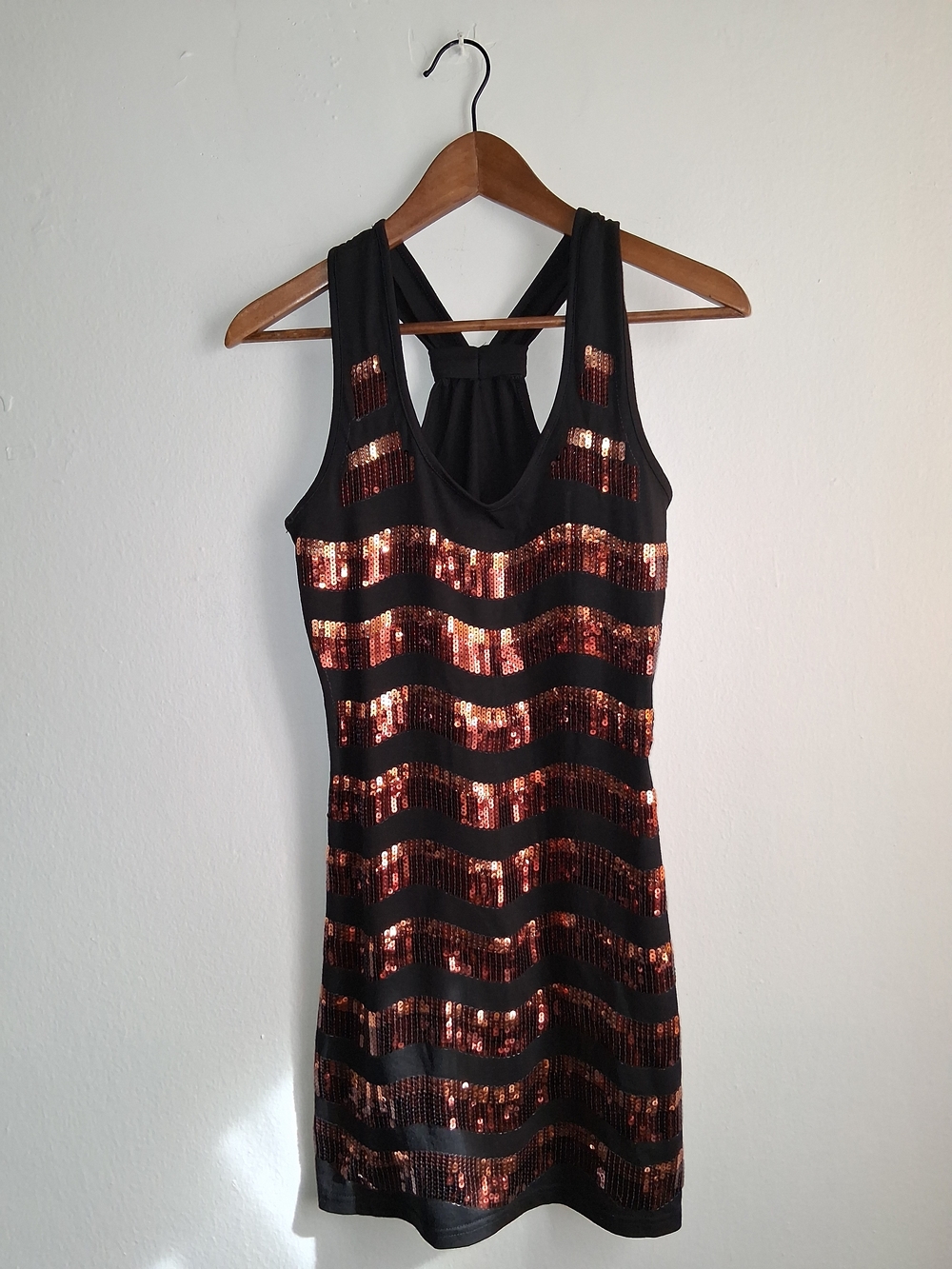 Black Mini Dress with Copper Sequin Stripes